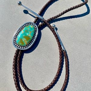 Kingman Turquoise and Sterling Silver Brown Leather Bolo Tie